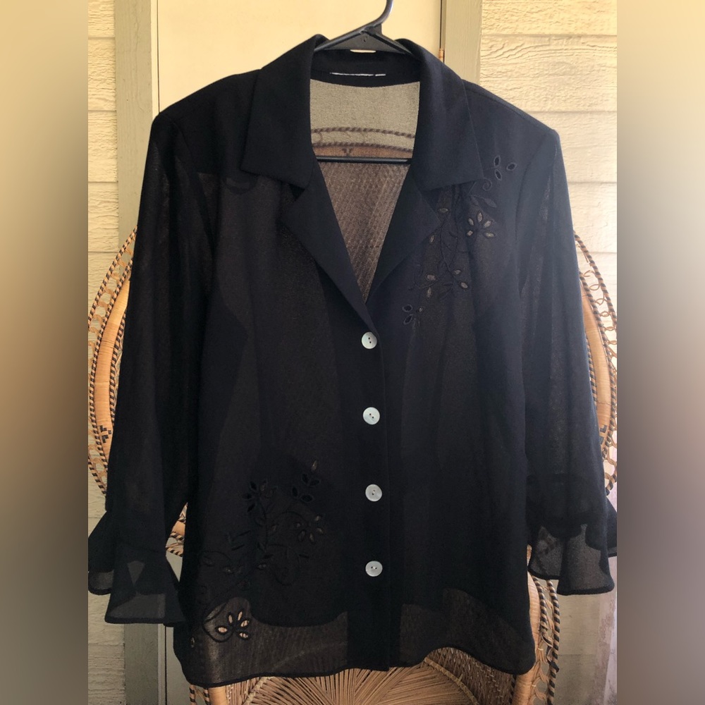 Vintage Women's Black Sheer Button-up Blouse w/Floral Embroidery Cutouts 90s/Y2K